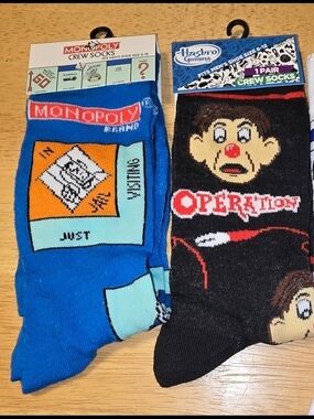 NWT Monopoly & Operation Crew Socks Bundle 2 Pair Adult Hasbro Board Game Socks